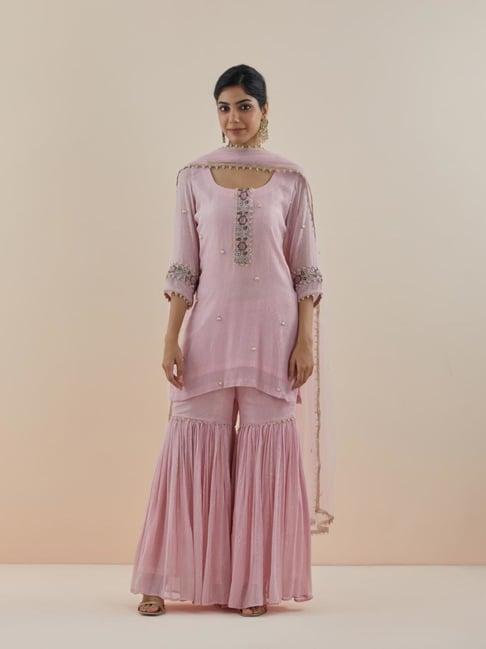 makaan.51 blush pink raghbat embroidered lurex georgette kurta with gharara and dupatta