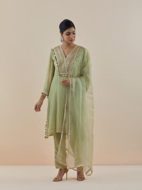 makaan.51 mist green raghbat embroidered lurex georgette kurta with bottom and dupatta