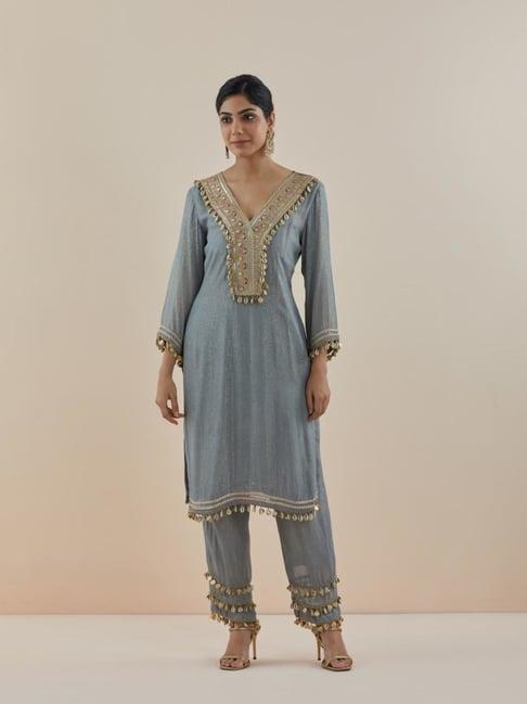 makaan.51 smoke blue raghbat embroidered lurex georgette kurta with bottom