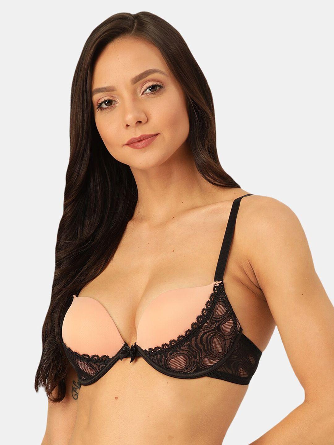 makclan pink & black colourblocked lightly-padded underwired plunge bra k32010bq