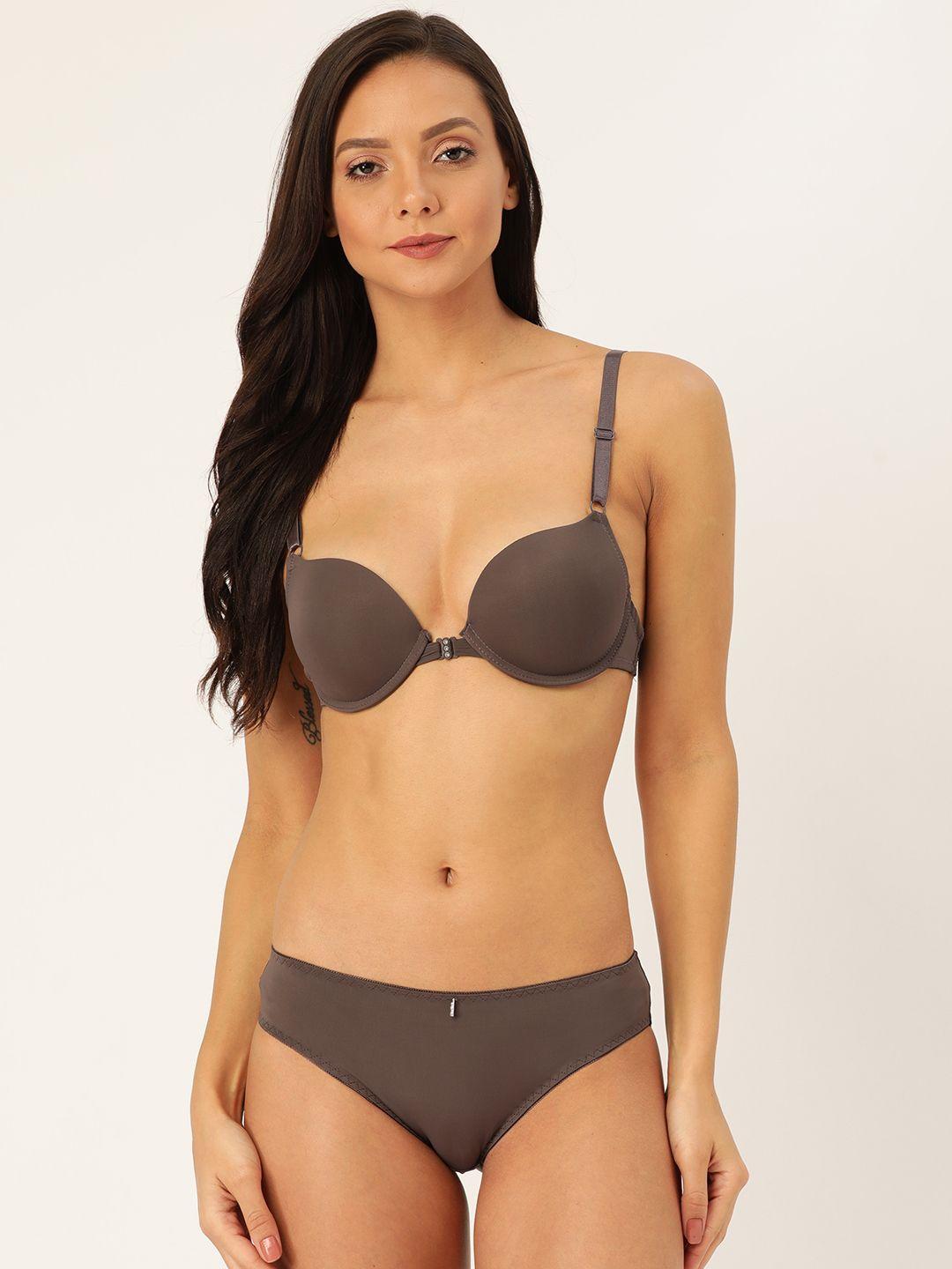 makclan women charcoal grey solid padded front-open lingerie set k27019la