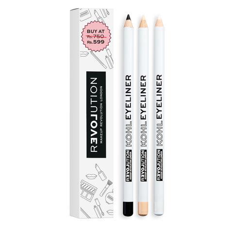 makeup revolution pack of 3 kohl liners (black, white, nude)