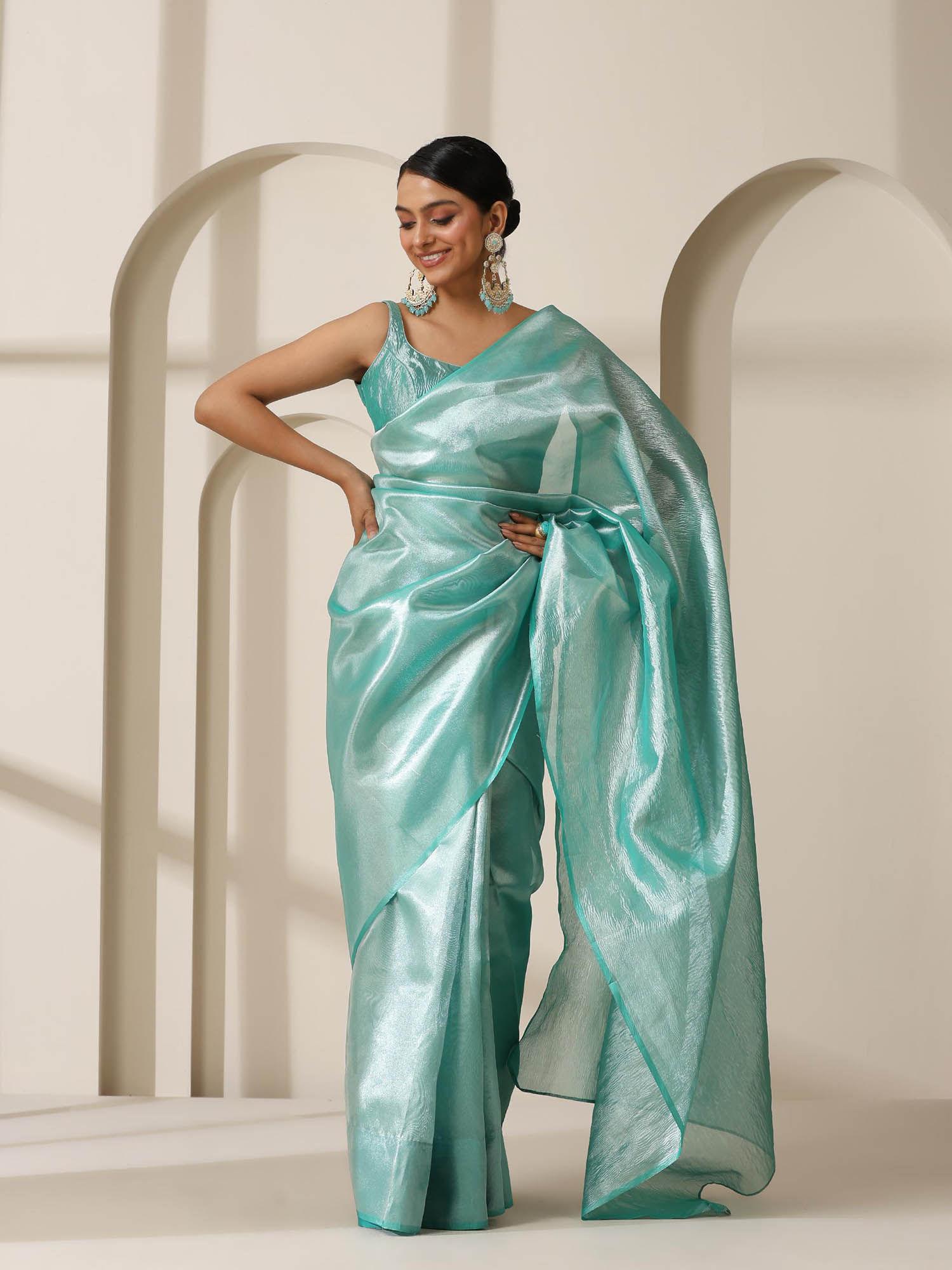 maldives blue banarasi tissue saree with crushed pallu with unstitched blouse