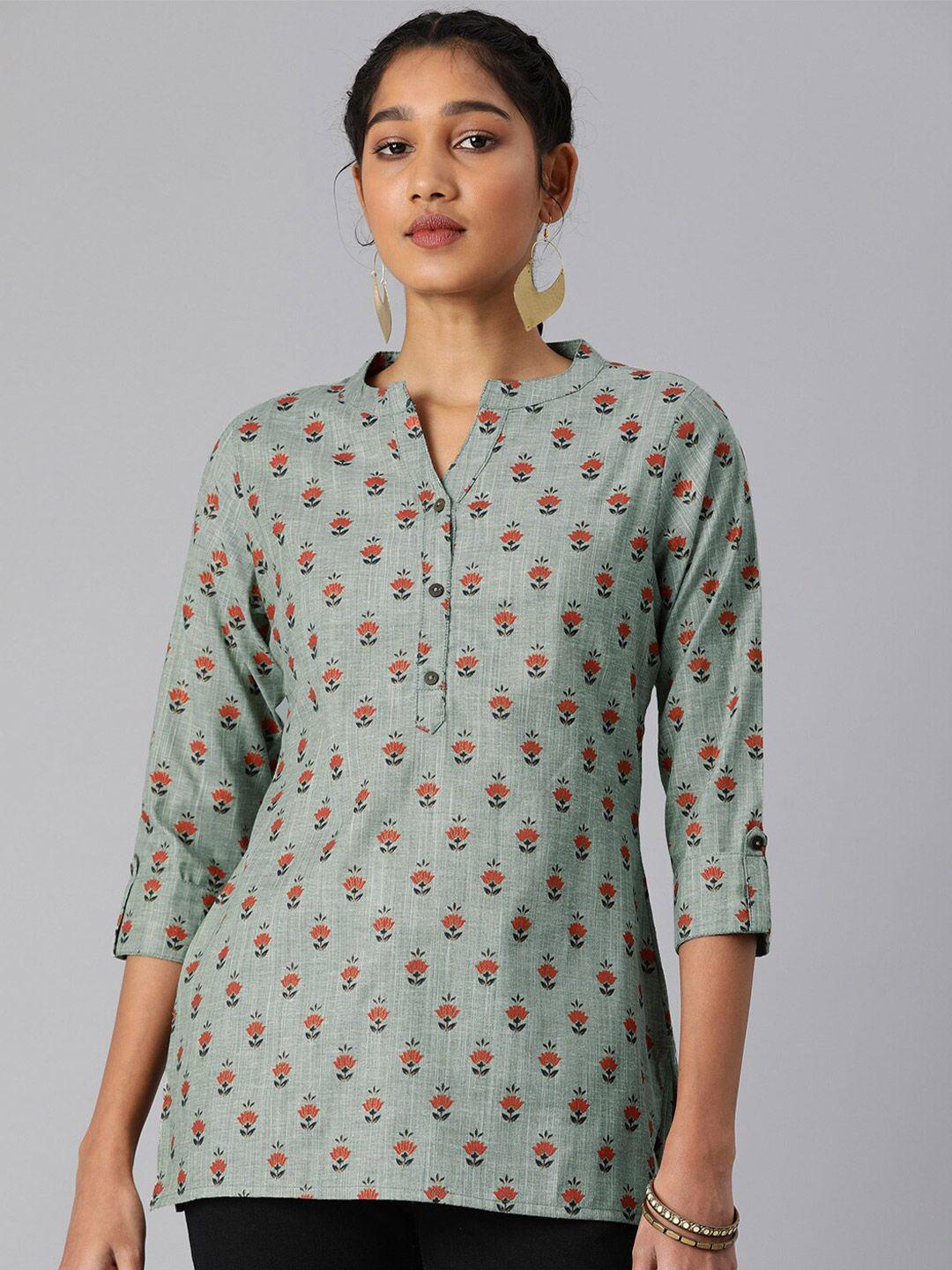 malhaar ethnic motifs printed mandarin collar pure cotton a-line top