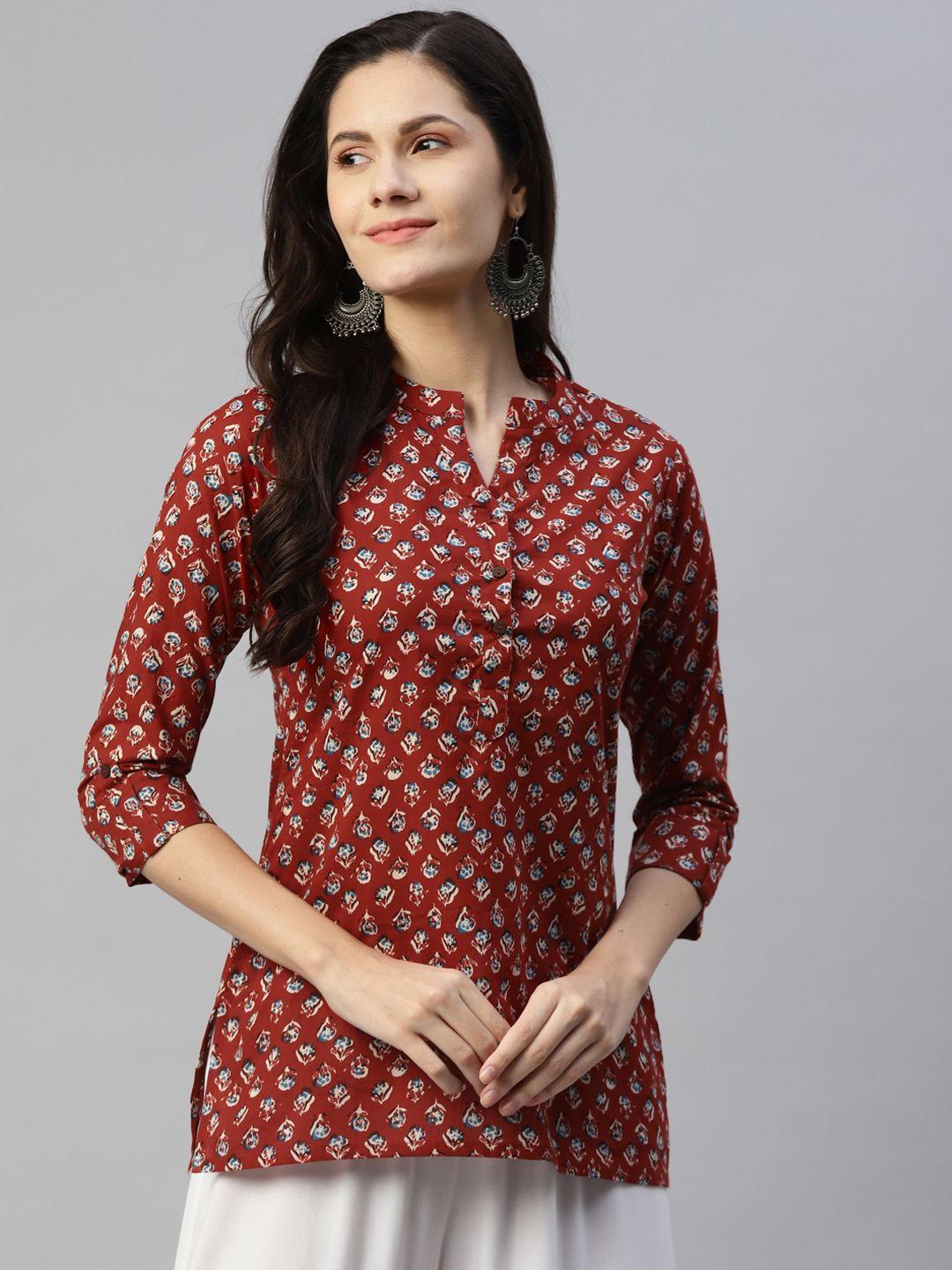malhaar red floral printed pure cotton kurti