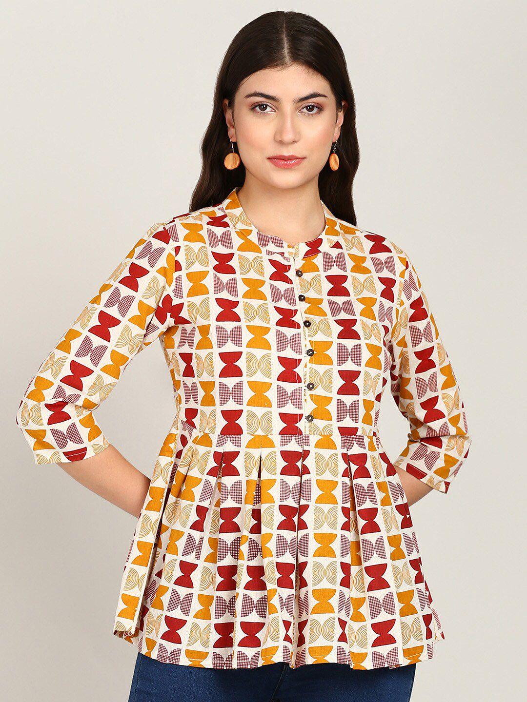 malhaar white & yellow geometric printed pleated kurti