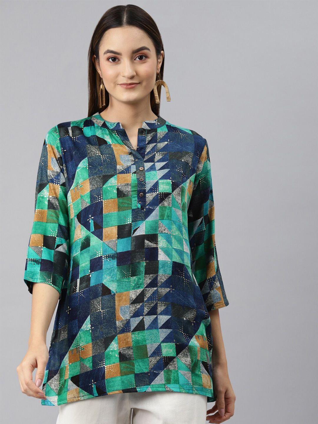 malhaar abstract printed mandarin collar top