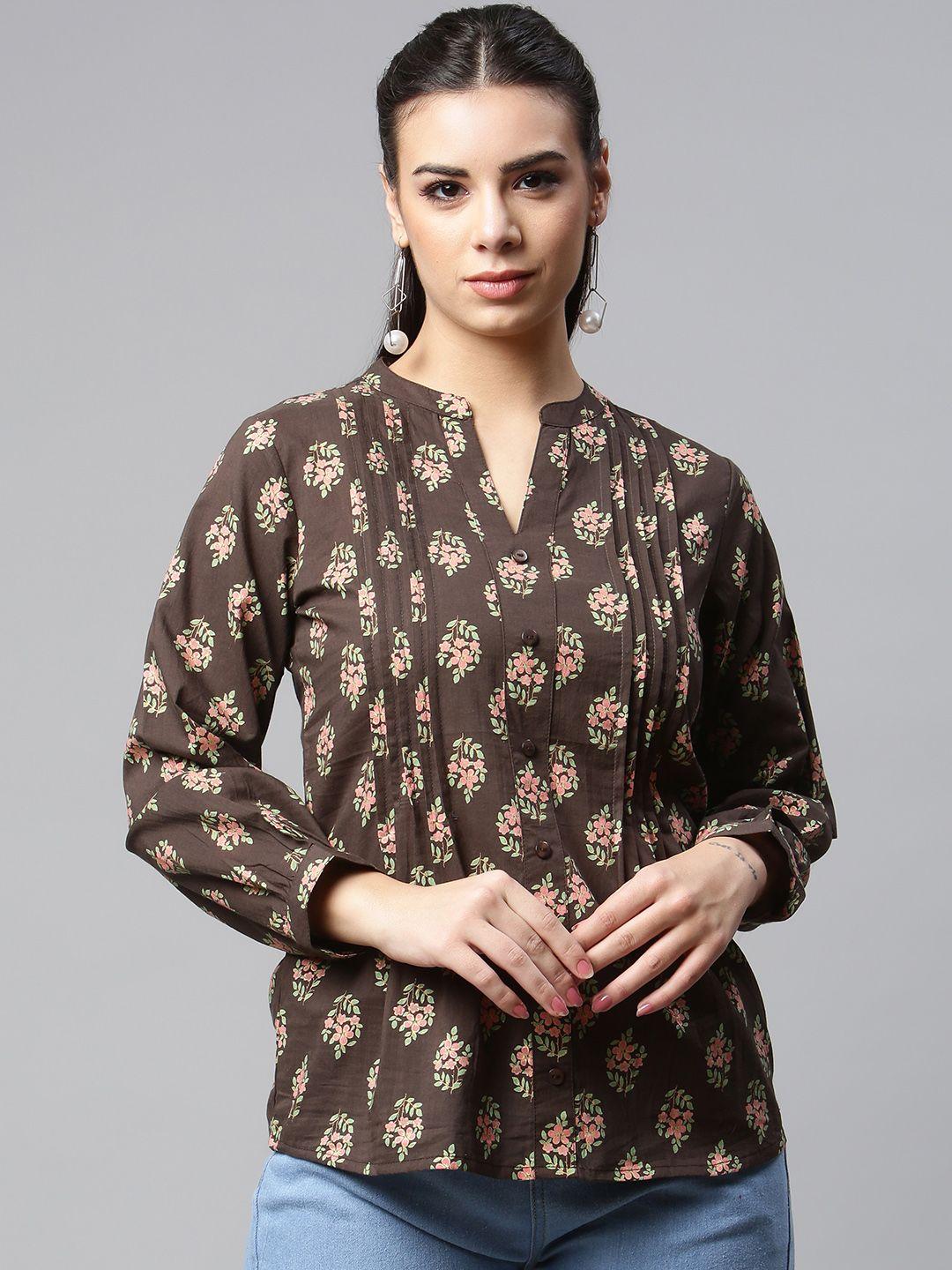 malhaar brown & pink floral printed pure cotton kurti