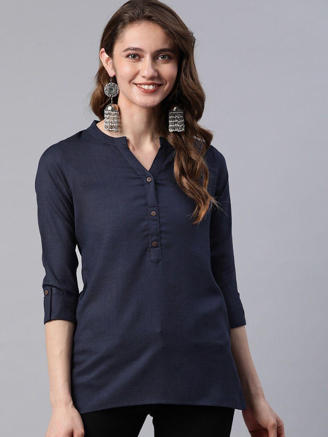 malhaar cotton mandarin collar roll-up sleeves top