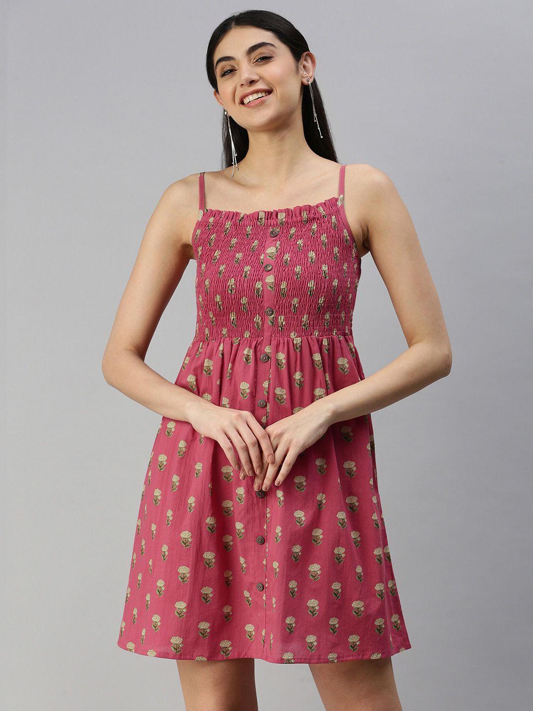 malhaar dusty pink & beige floral print ethnic fit and flare cotton dress