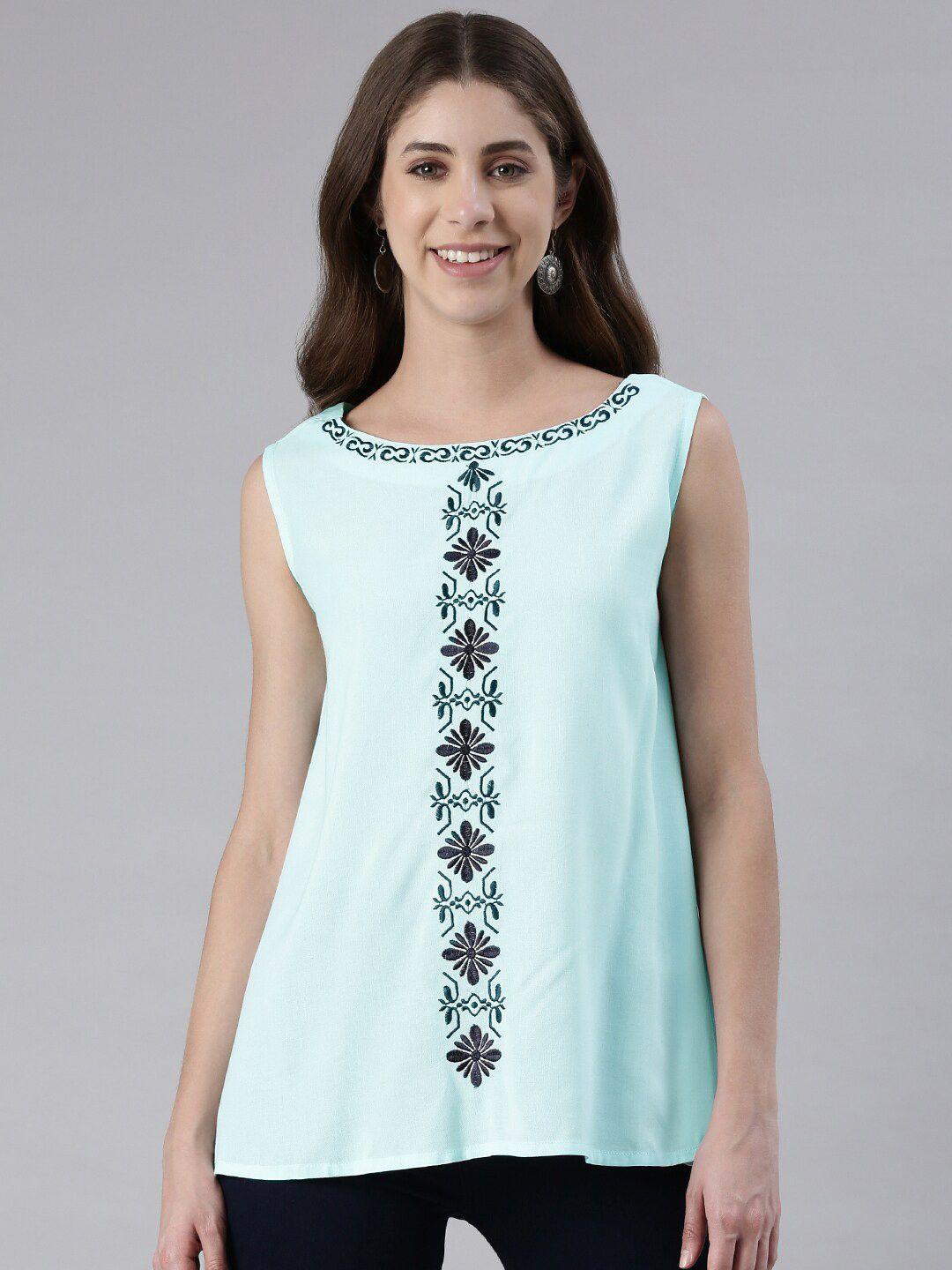 malhaar embroidered round neck sleeveless a-line top
