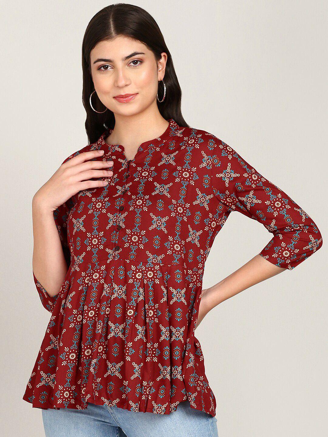 malhaar ethnic motif printed mandarin collar gathered peplum top