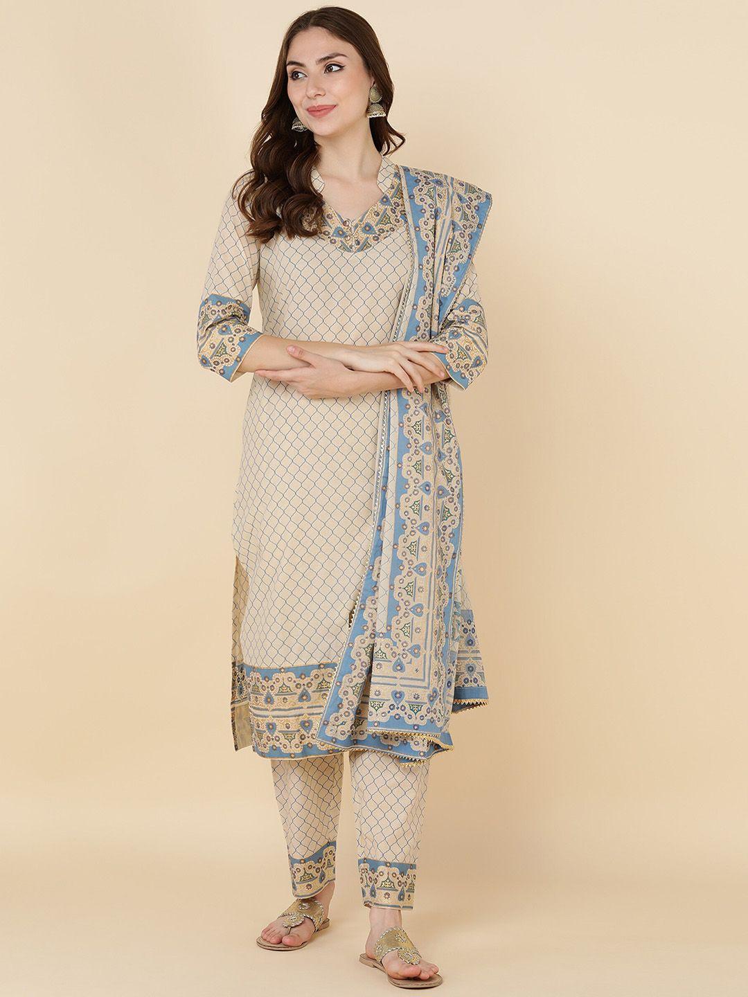 malhaar ethnic motif printed mandarin collar pure cotton kurta with trousers & dupatta