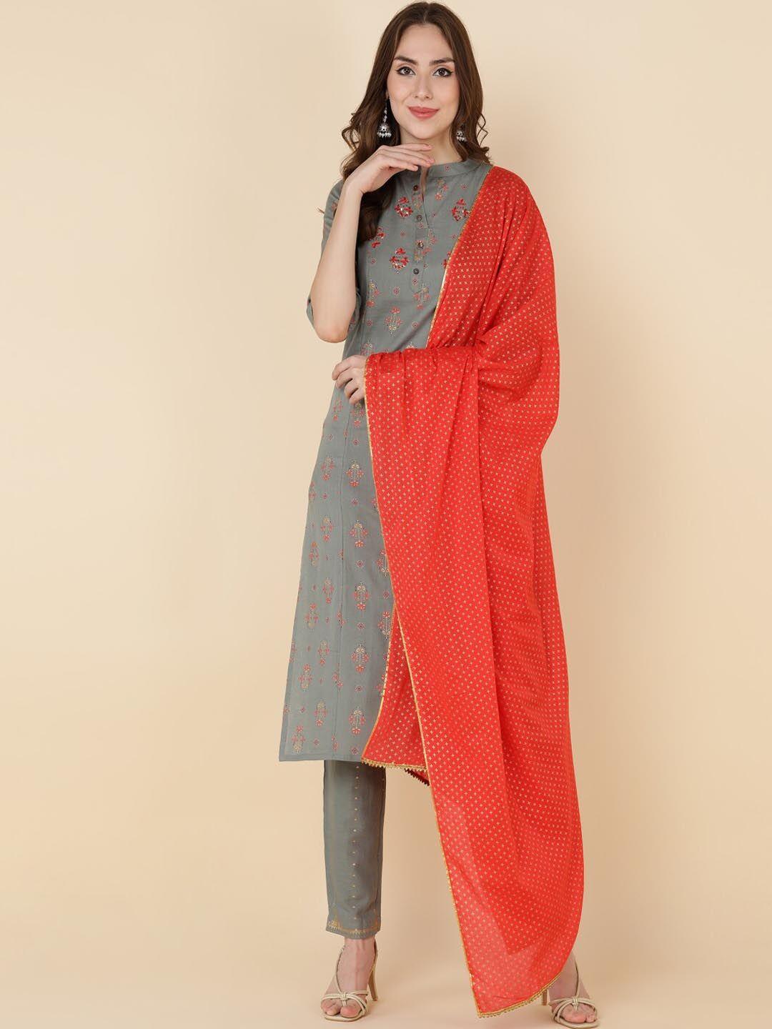 malhaar ethnic motif printed mandarin collar thread work kurta with trousers & dupatta