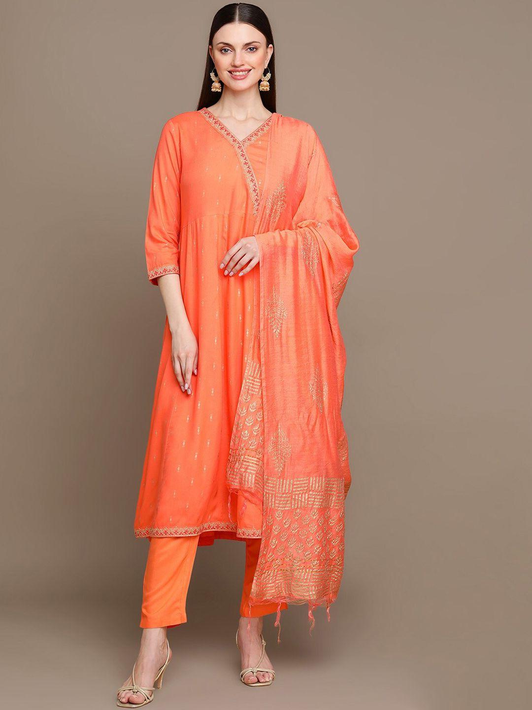 malhaar ethnic motif woven design thread work a-line kurta with trousers & dupatta