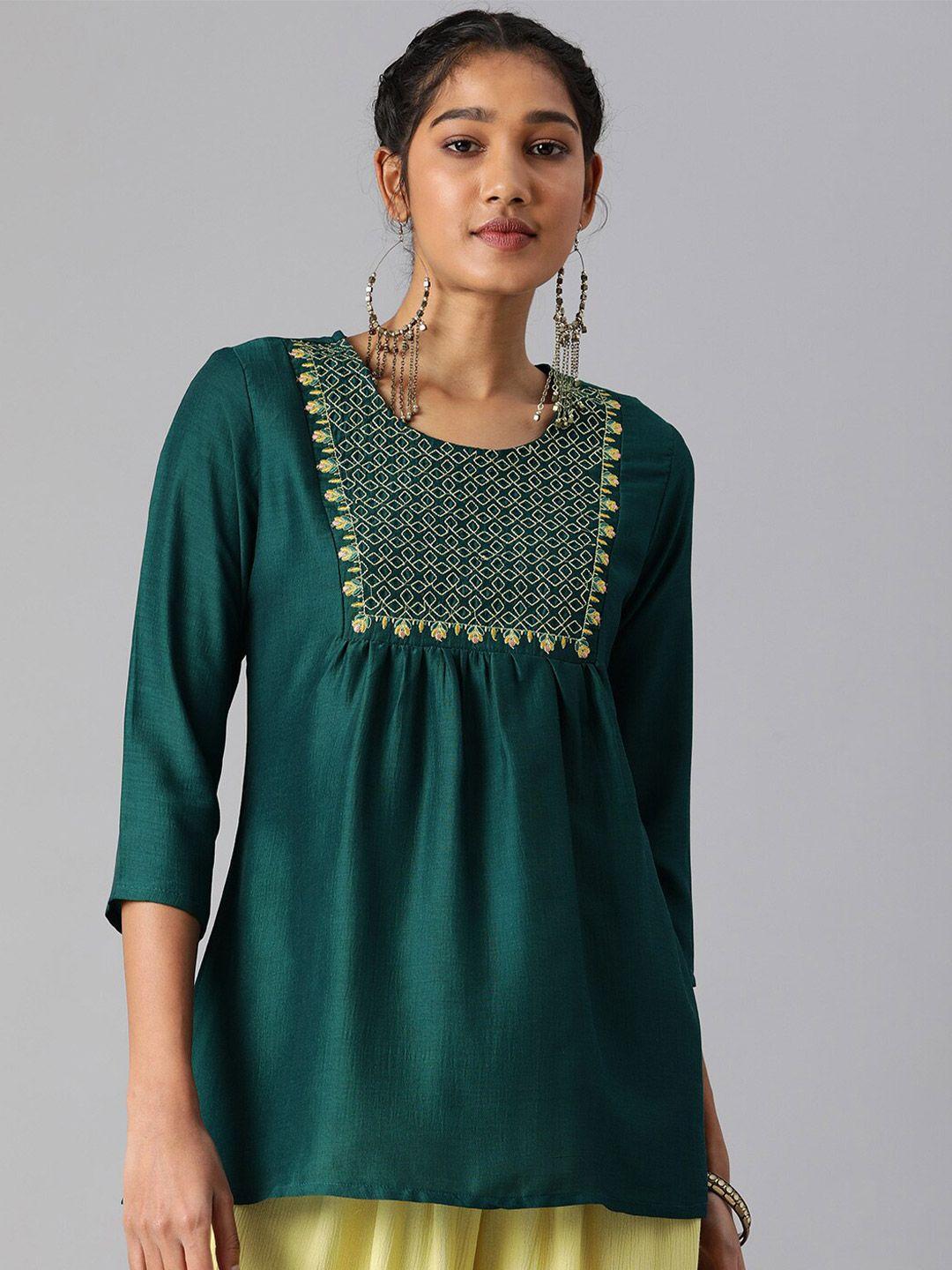 malhaar ethnic motifs embroidered gathers a-line top