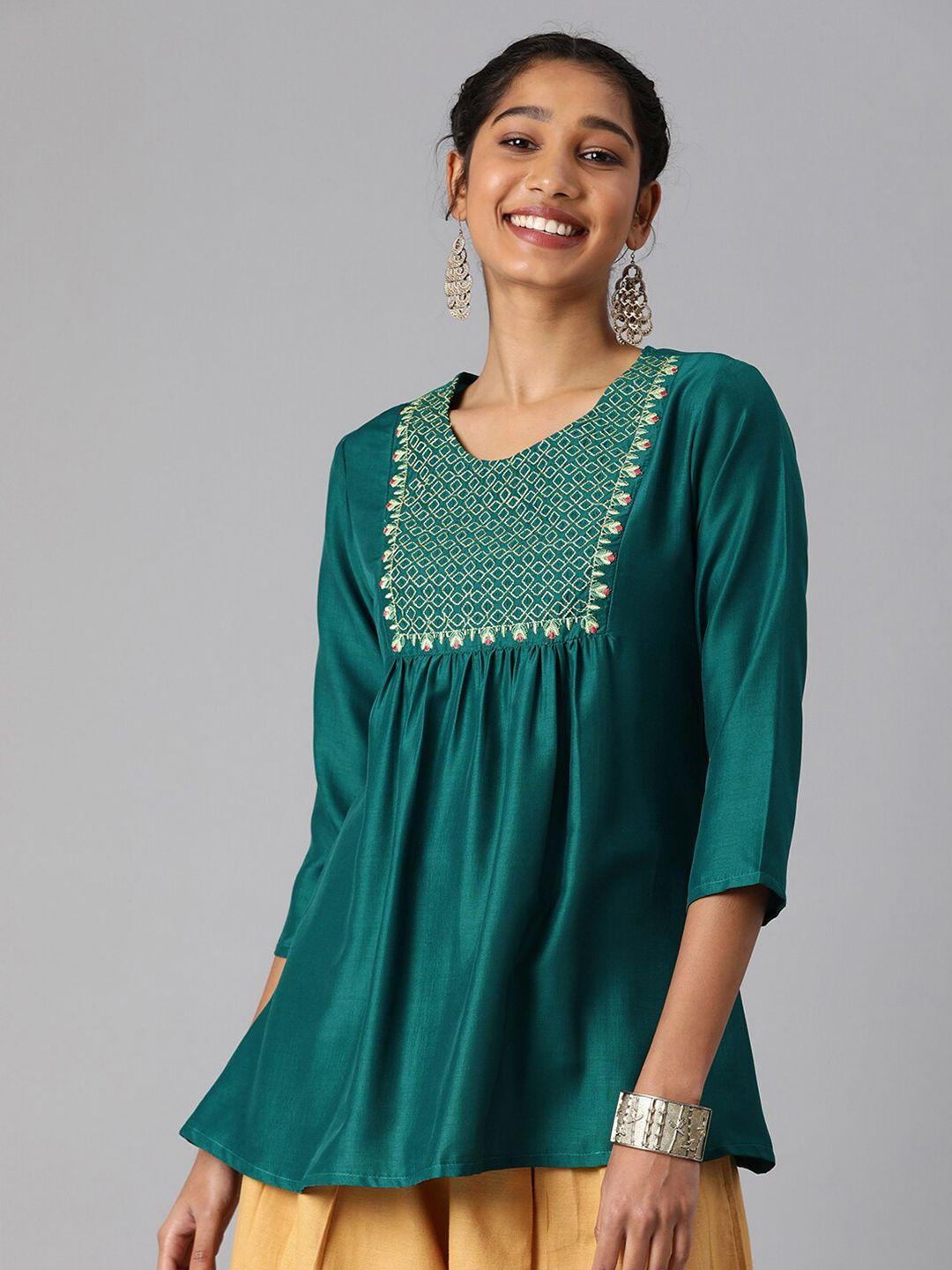 malhaar ethnic motifs embroidered gathers a-line top