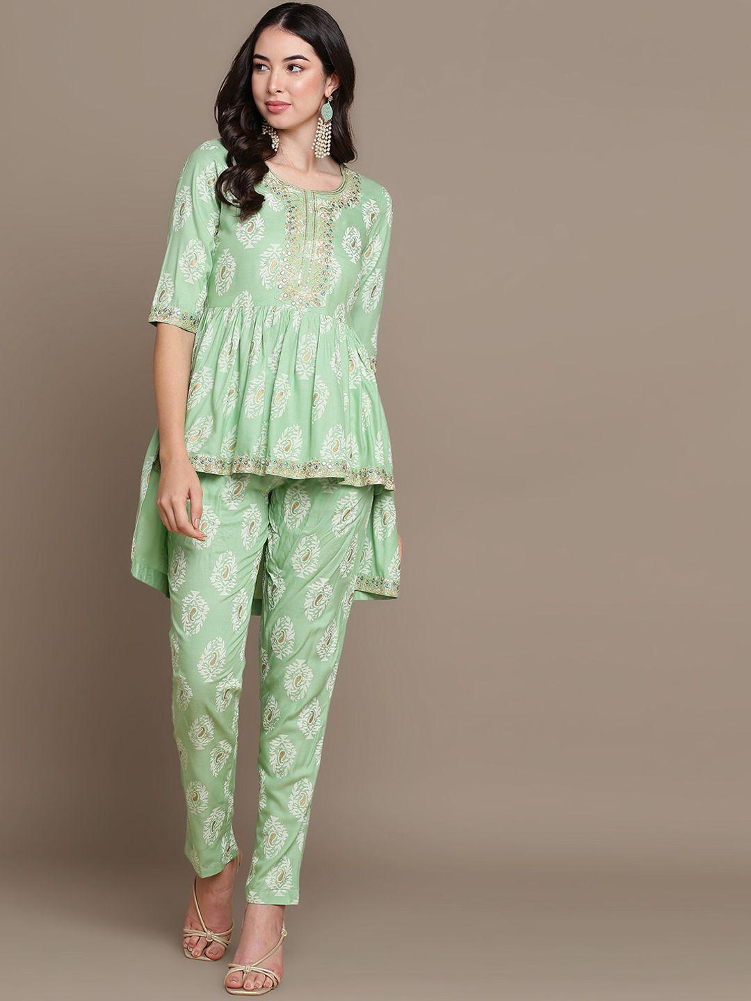 malhaar ethnic motifs printed pleated thread work a-line kurti with trousers