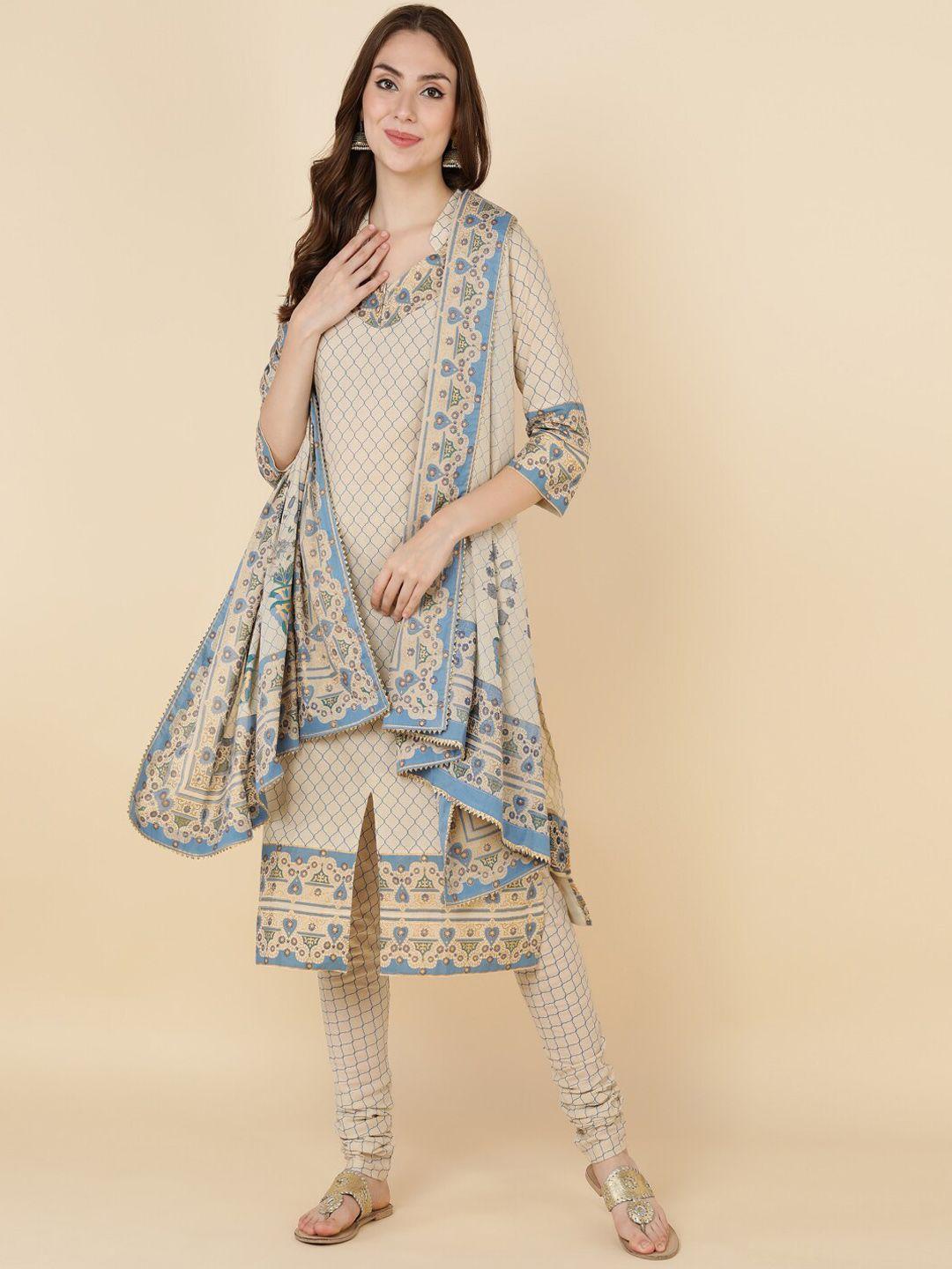 malhaar ethnic motifs printed pure cotton kurta with churidar & dupatta