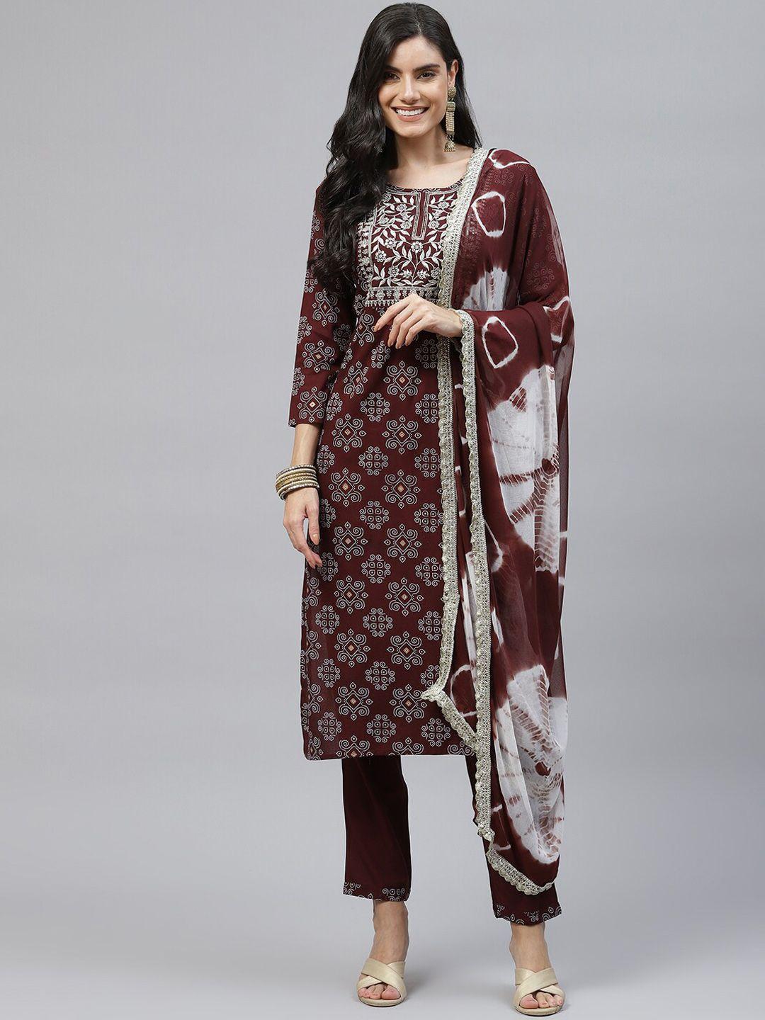 malhaar ethnic motifs printed thread work kurta with trousers & with dupatta