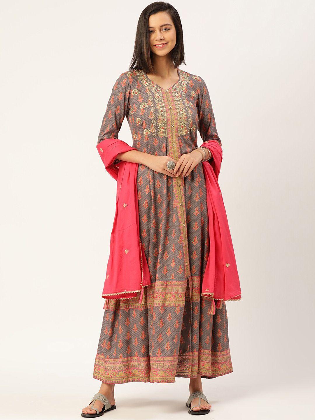 malhaar ethnic motifs printed thread work pleated kurta with trousers & dupatta