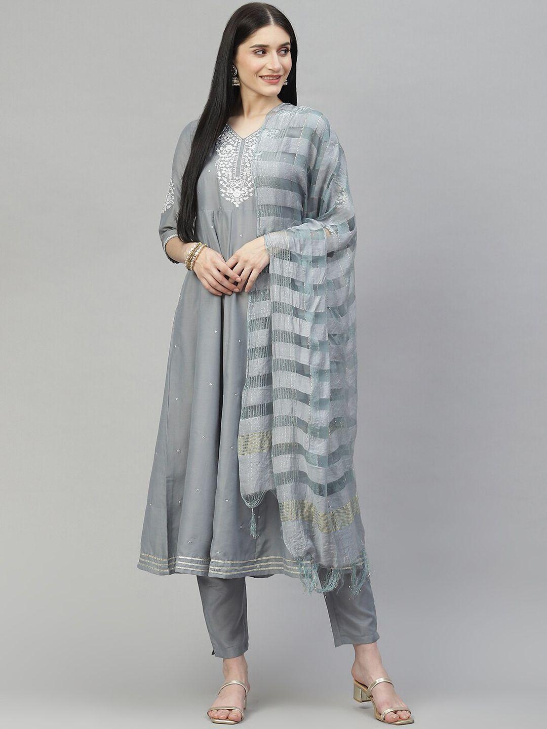 malhaar ethnic motifs yoke design v neck thread work kurta with trousers & dupatta