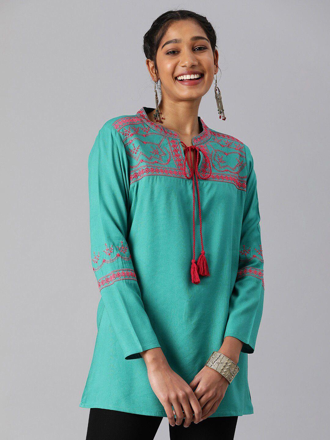 malhaar floral embroidered mandarin collar a-line top