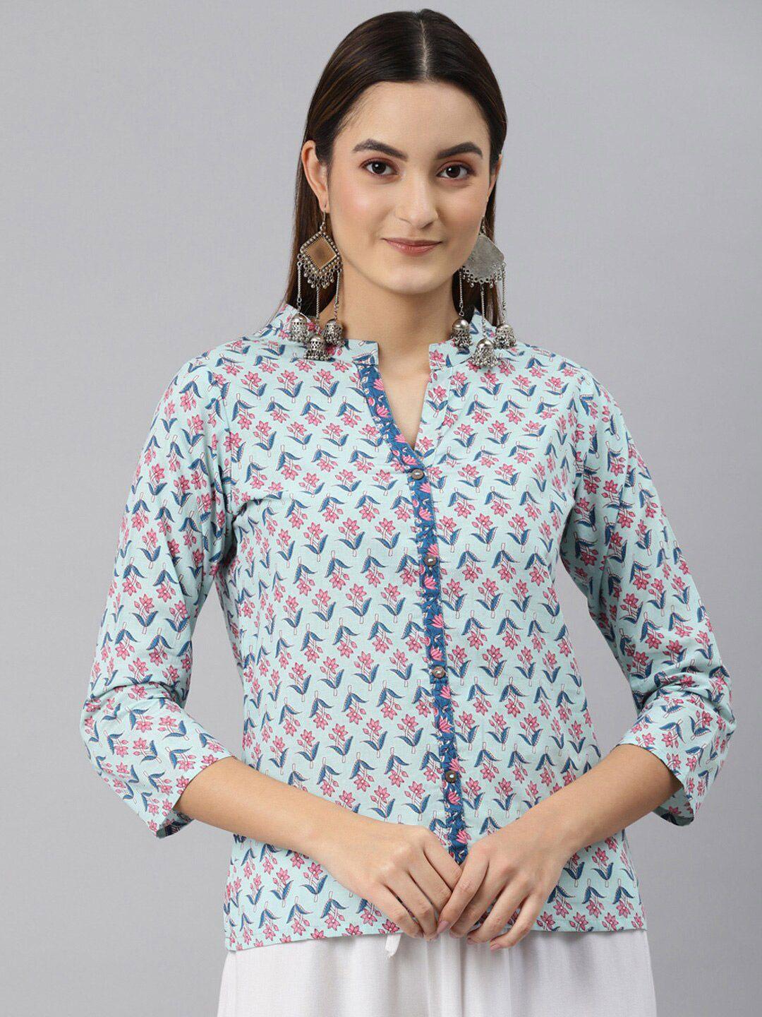 malhaar floral print band collar pure cotton top