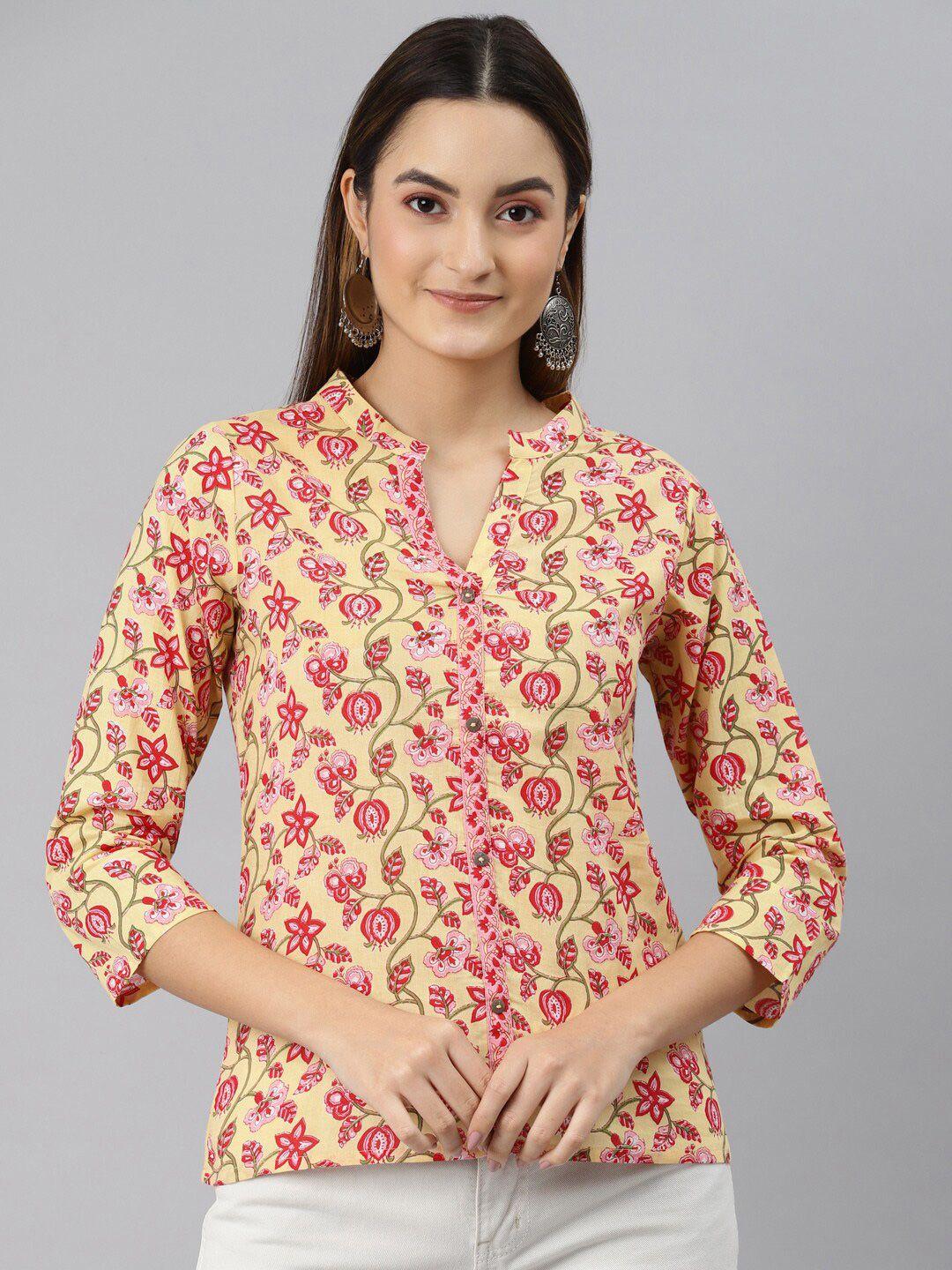 malhaar floral print mandarin collar pure cotton shirt style top