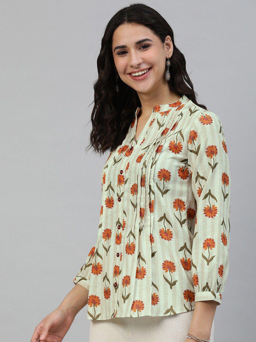 malhaar floral print mandarin collar shirt style pure cotton top