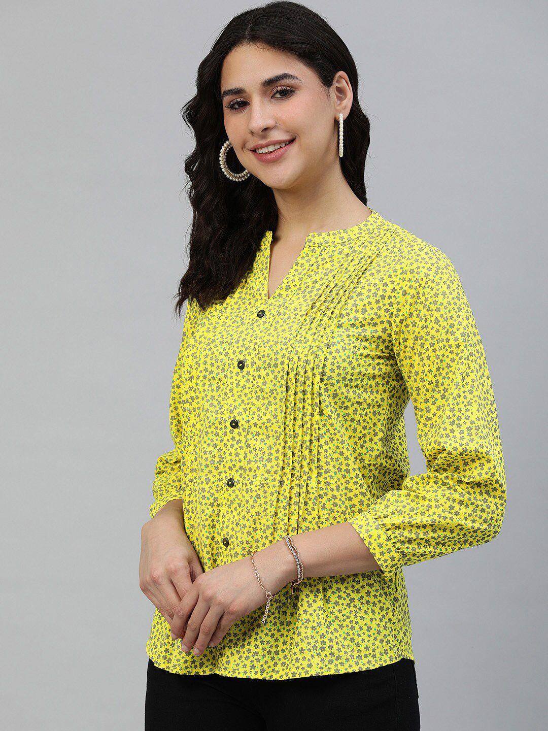 malhaar floral print pure cotton mandarin collar shirt style top