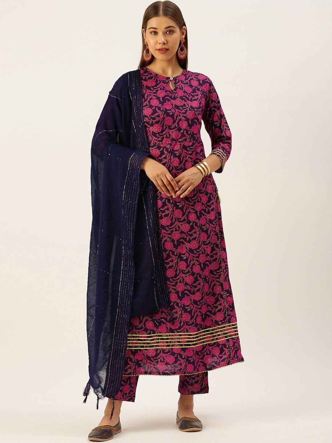 malhaar floral printed angrakha gotta patti pure cotton kurta with trousers & dupatta