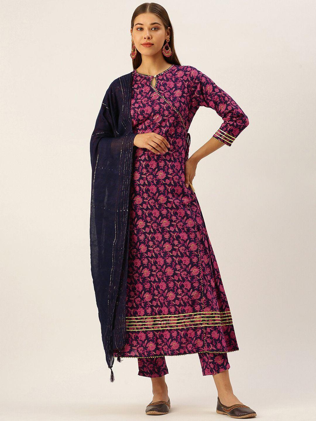 malhaar floral printed angrakha sequinned pure cotton kurta with trousers & with dupatta