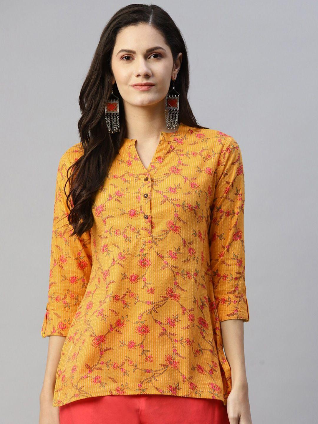 malhaar floral printed pure cotton mandarin collar roll-up sleeves kurti