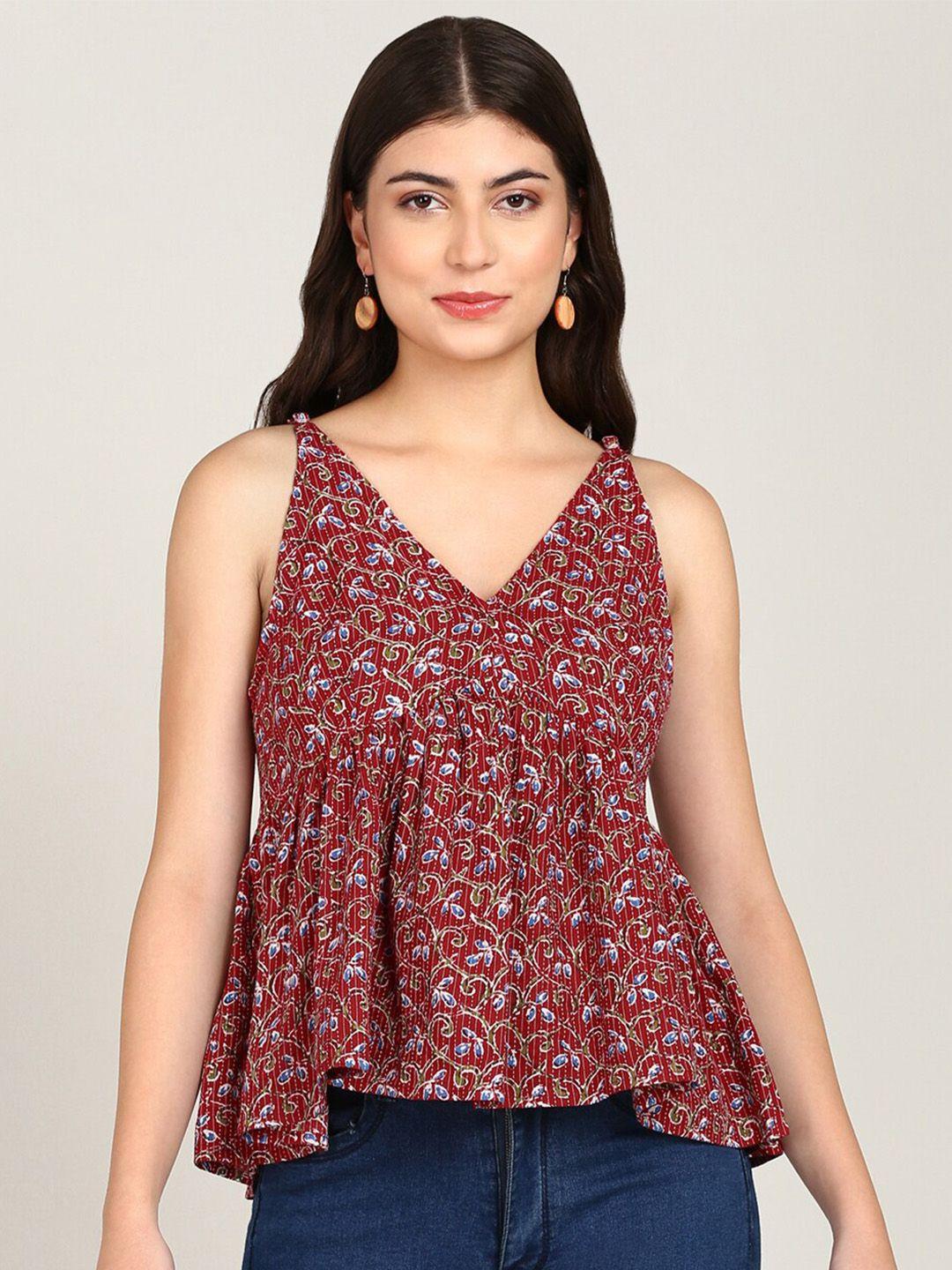 malhaar floral printed seeveless gathered empire top