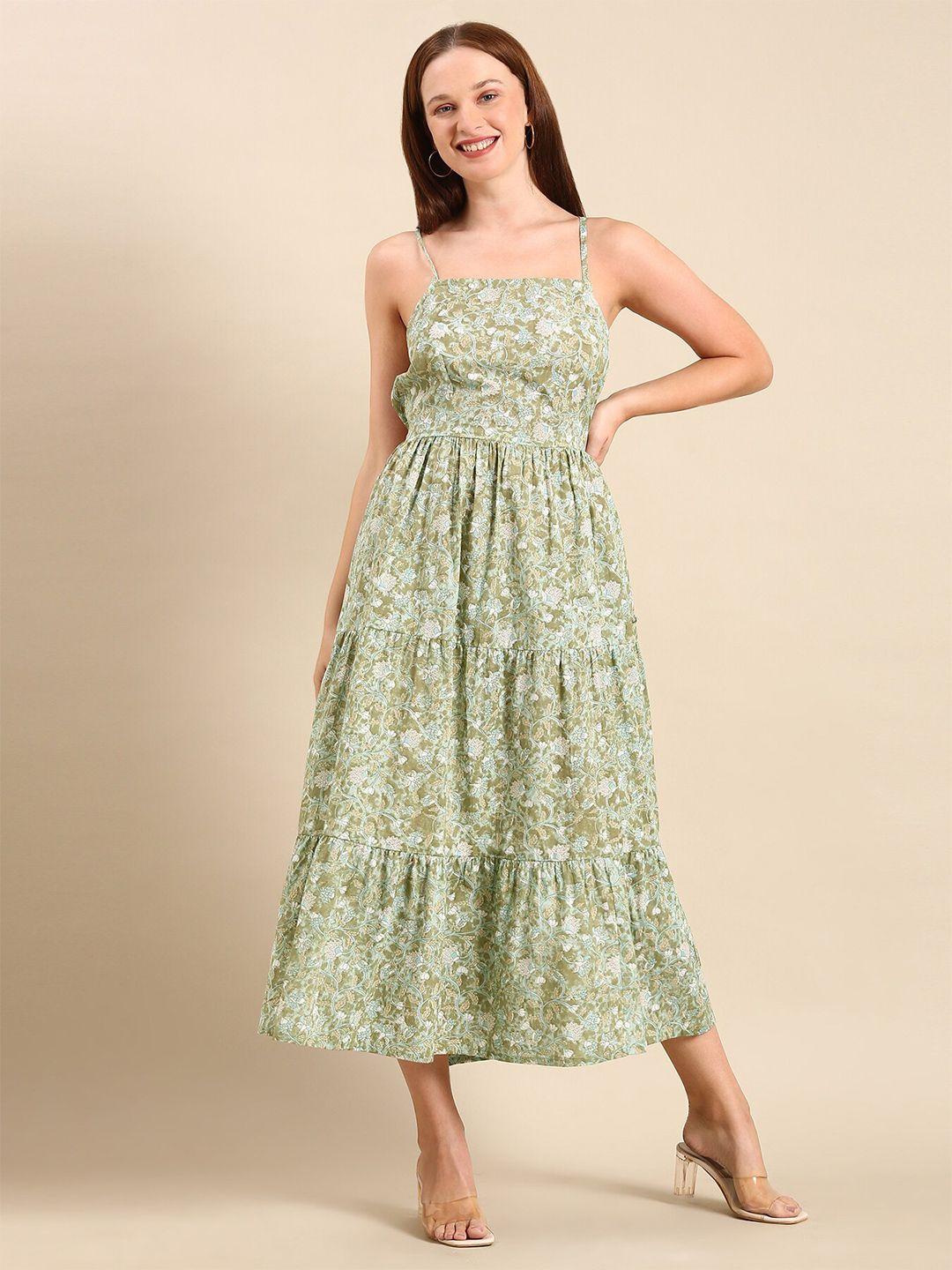 malhaar floral printed shoulder straps tie up & gathered cotton tiered fit & flare dress