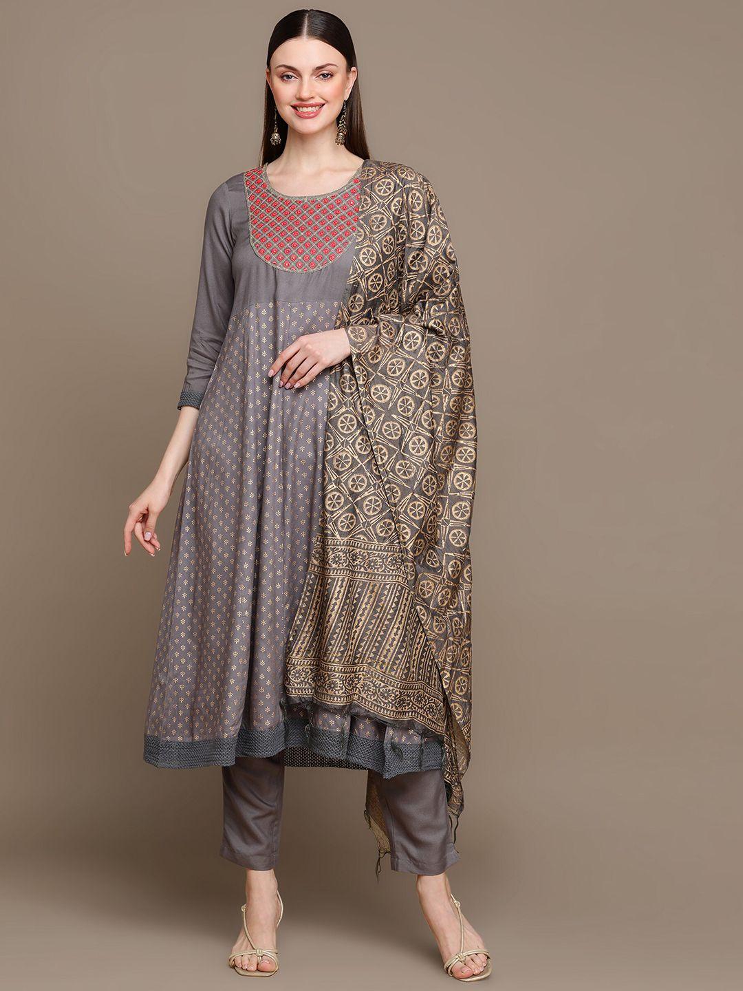 malhaar foil printed thread work a-line kurta & trousers & with dupatta