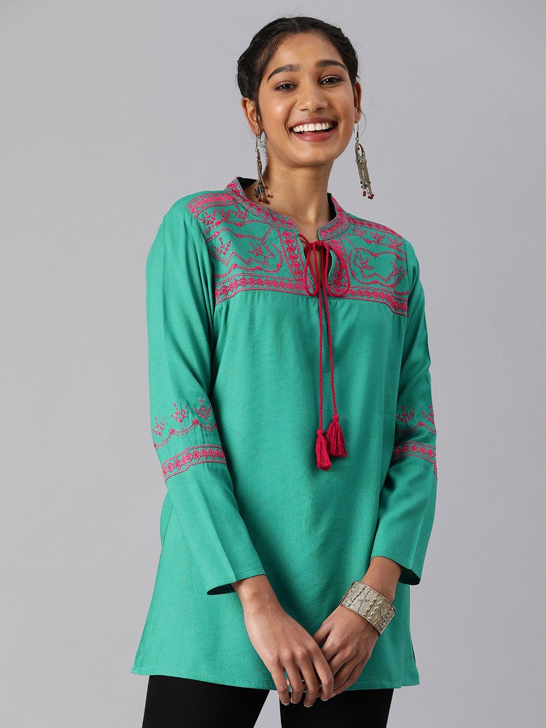 malhaar green & pink geometric embroidered kurti