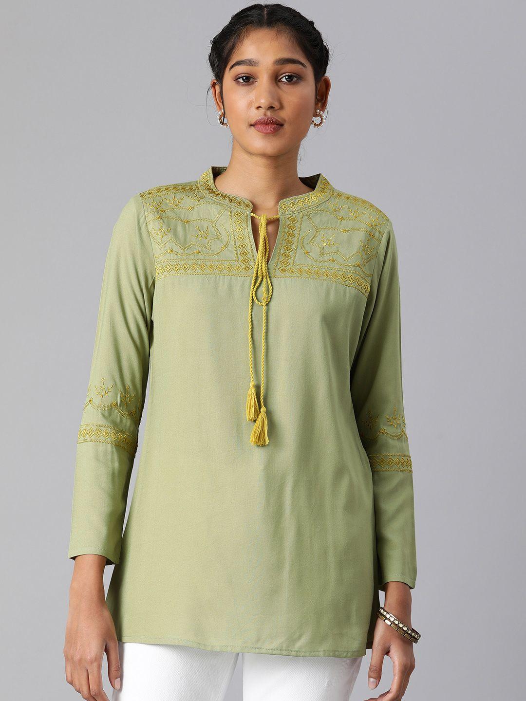 malhaar green embroidered tie-up neck kurti