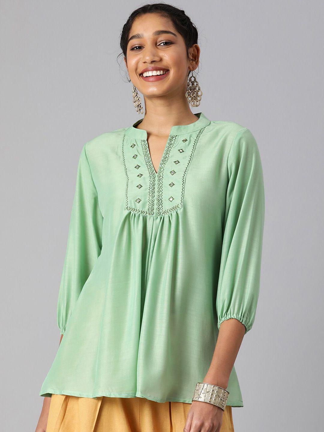 malhaar mandarin collar puff sleeves a-line top