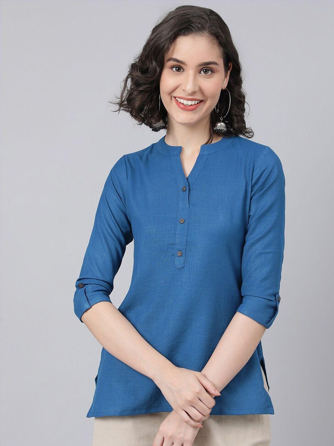 malhaar mandarin collar pure cotton roll up sleeves a-line top
