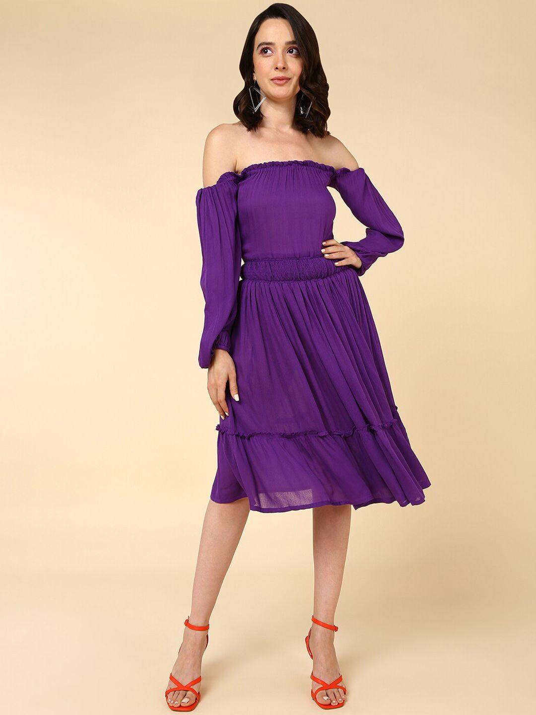 malhaar off shoulder gathered or pleated a line dress