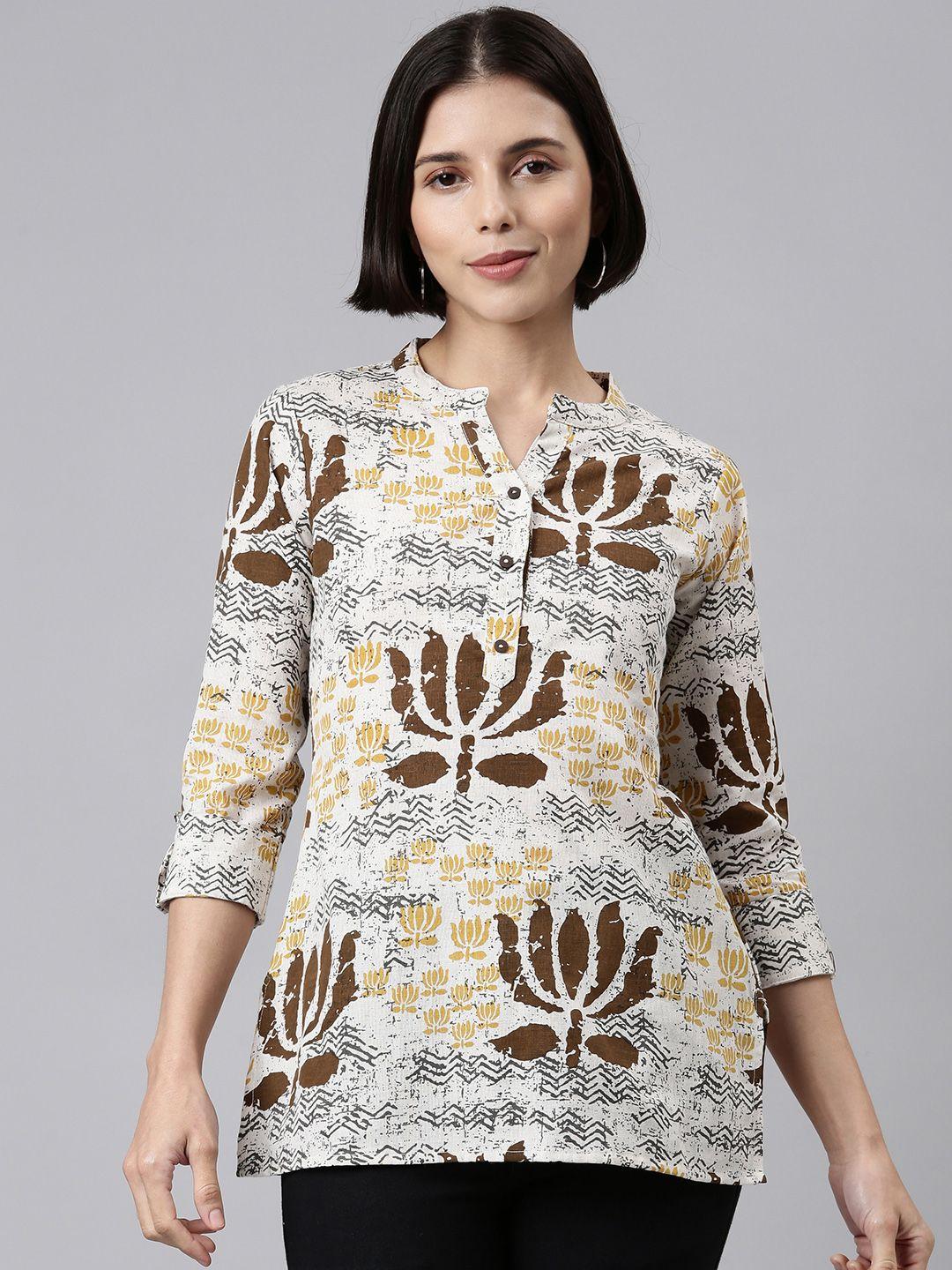 malhaar off white & brown print mandarin collar top