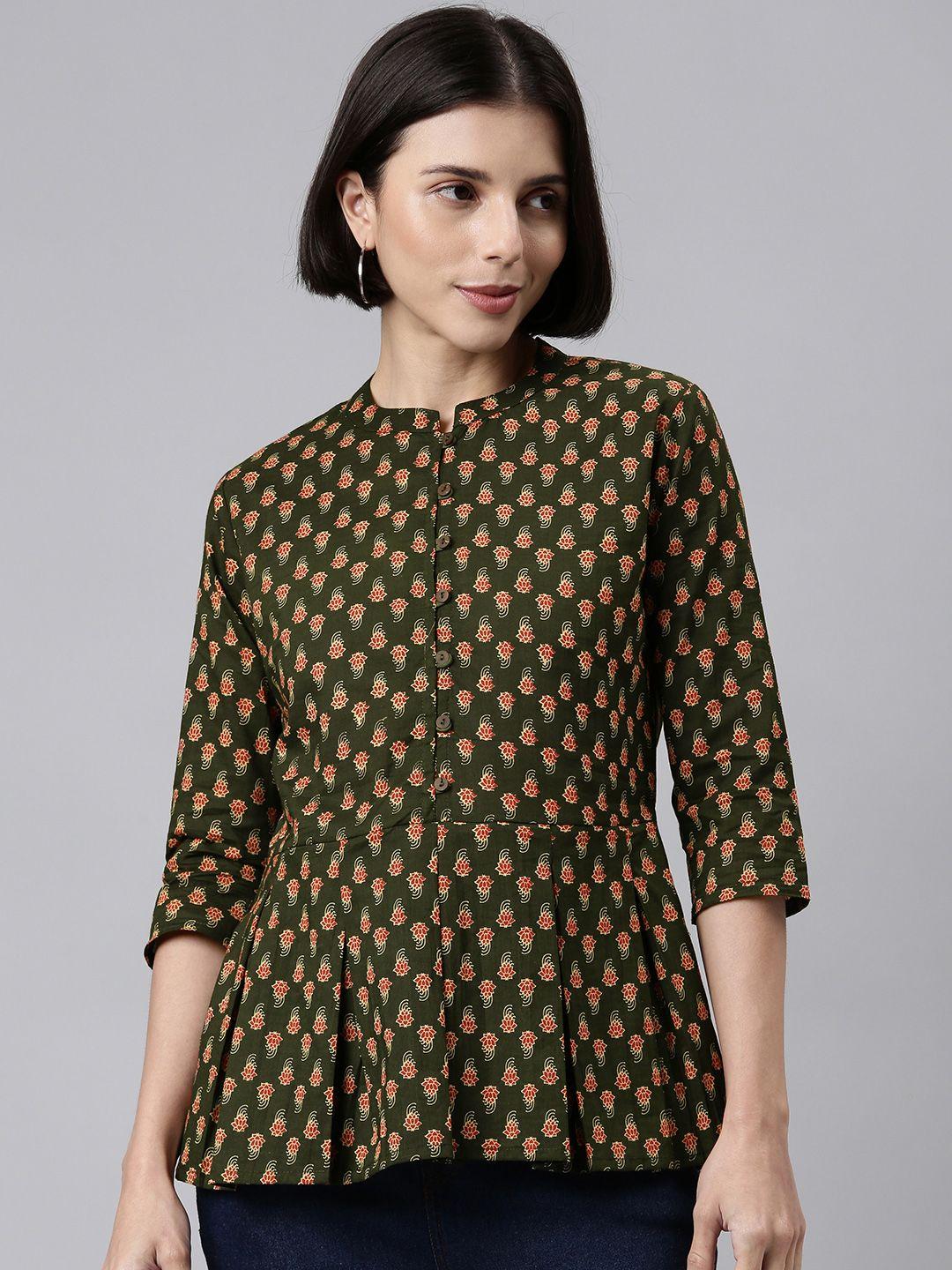 malhaar olive green & red floral print mandarin collar cotton peplum top