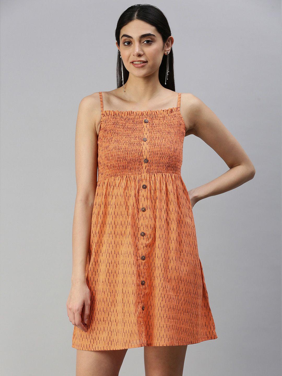 malhaar peach & brown ethnic fit and flare cotton dress