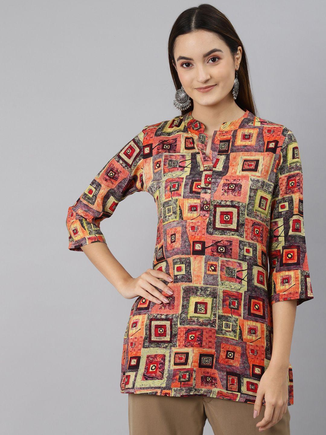 malhaar peach-coloured & black geometric printed kurti