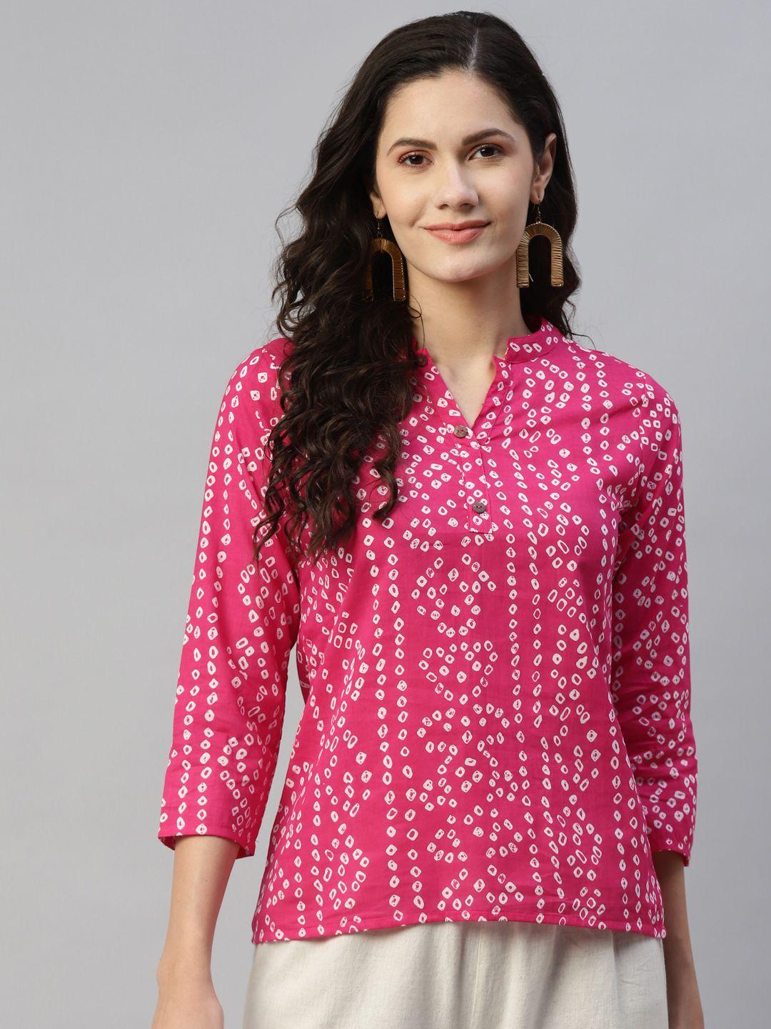malhaar pink & white bandhani printed pure cotton kurti