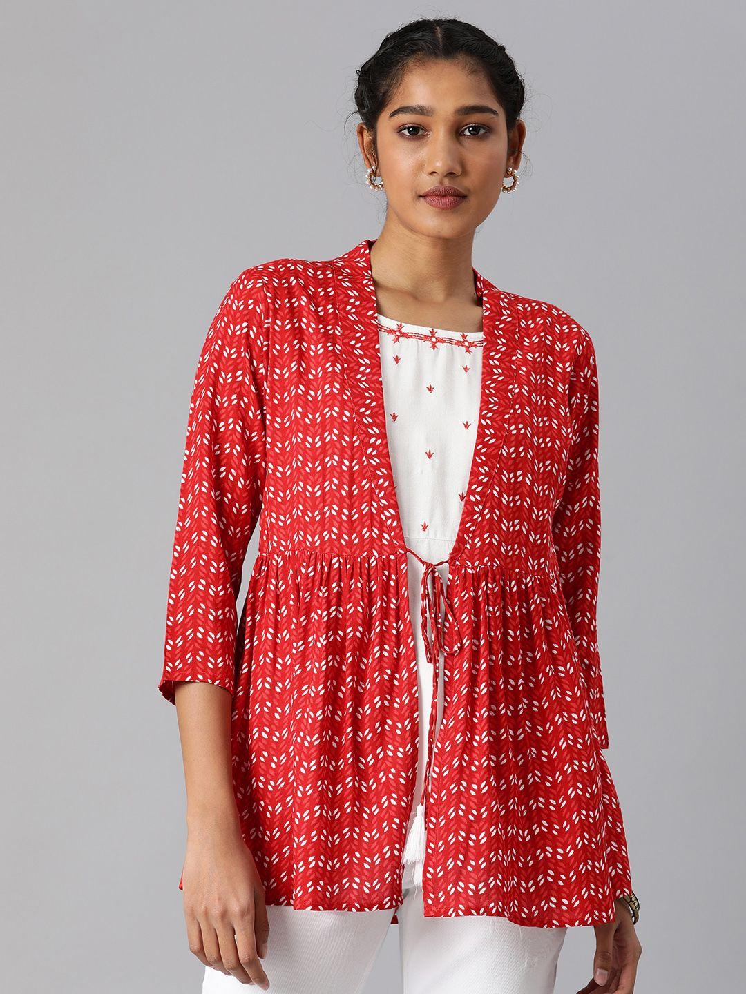 malhaar red & white geometric print kurti with attached jacket