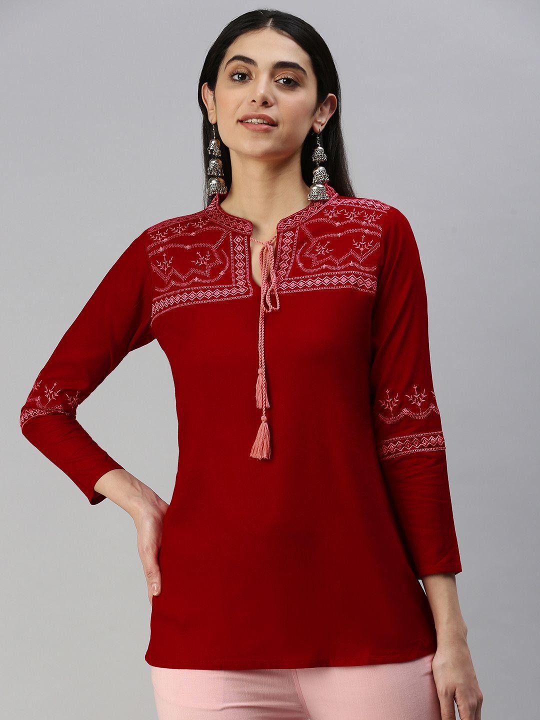 malhaar red geometric embroidered a-line kurti