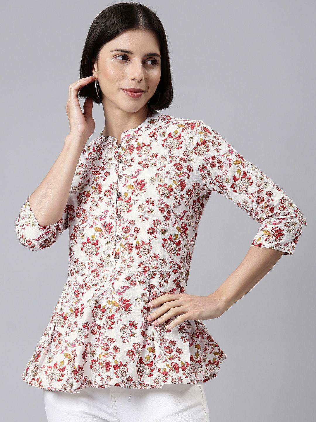 malhaar white & maroon floral print mandarin collar cotton peplum top